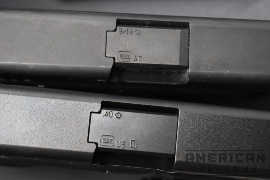 Two Glocks, two calibers. All modern firearms stamp or print the chamber size onto the weapon to eliminate confusion. Caliber is a measurement of the internal diameter of a firearm's barrel, which is crucial for determining the correct ammunition.