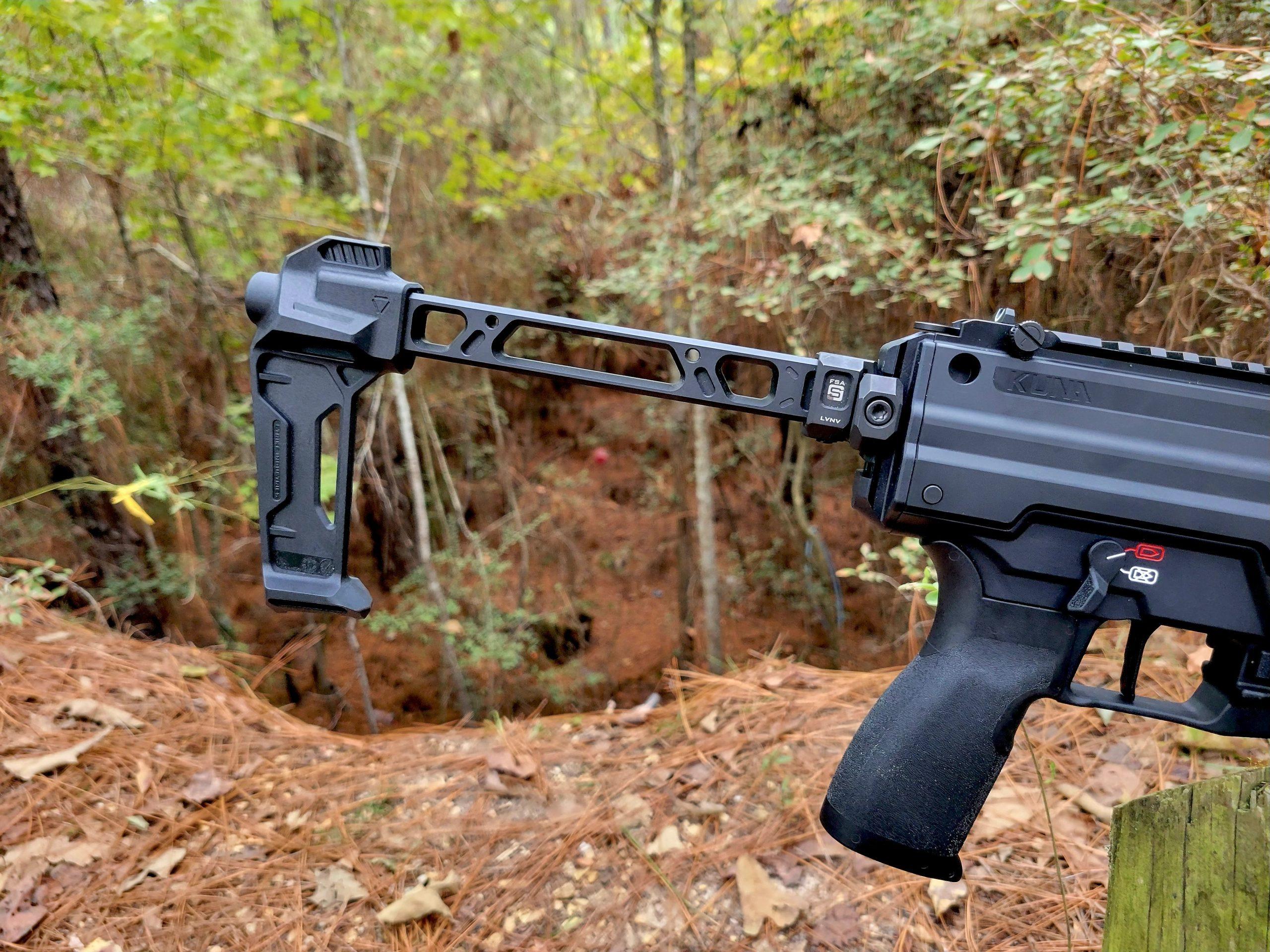 The Strike Industries FSA folding brace deploys to 24.5 inches overall.