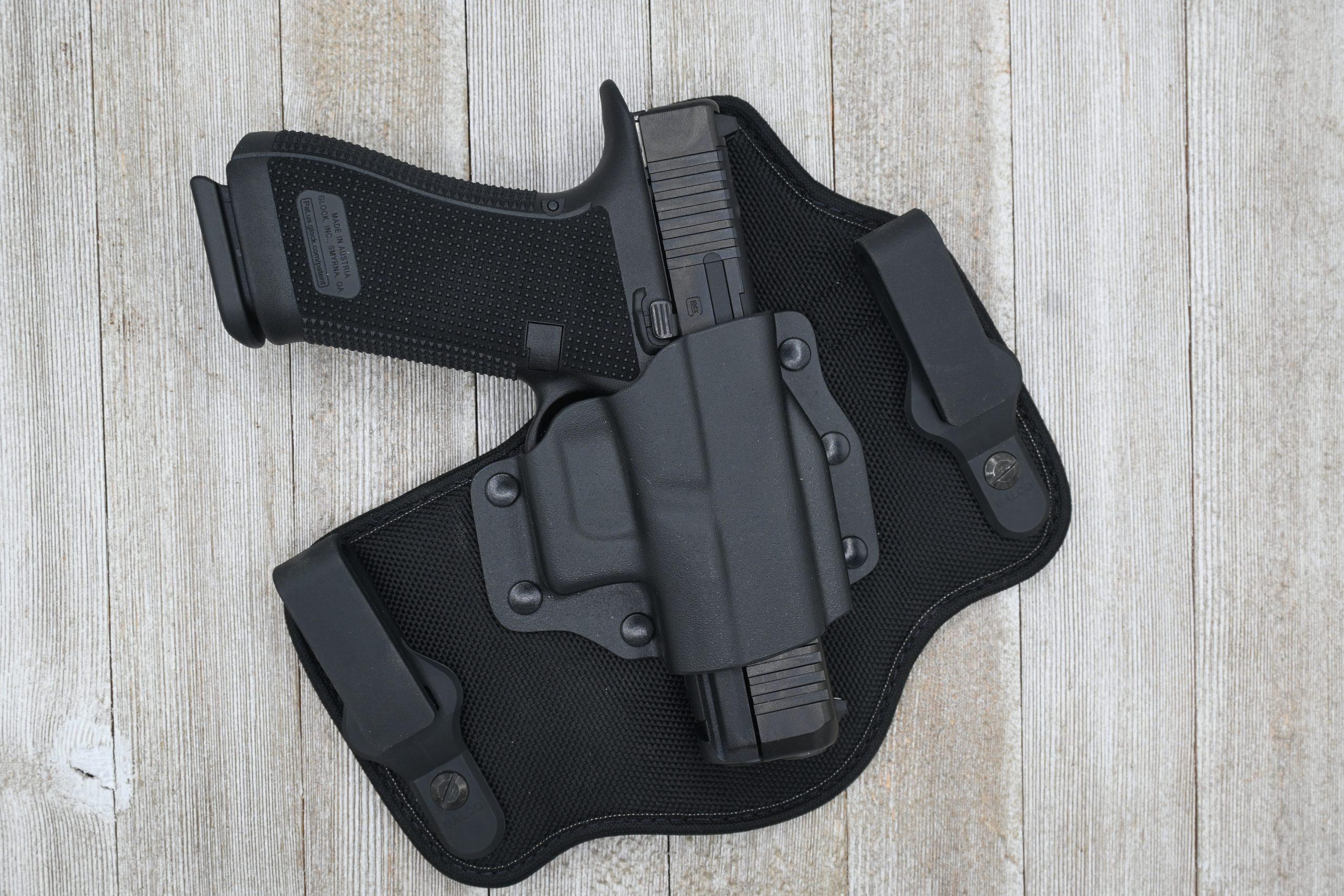 Glock 45 Gen 6 seated in a Kydex Galco paddle holster, showing ride height, cant angle, and trigger guard retention position