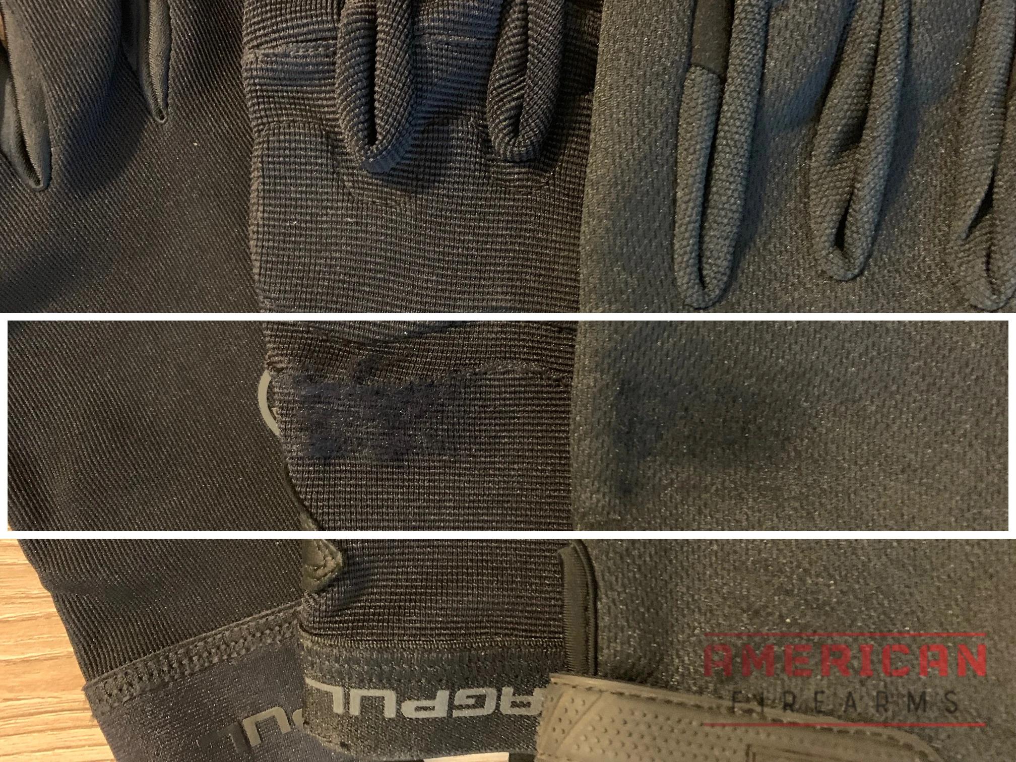 Shooting Glove Velcro Test Results: the Magpul Technical Glove 2.0 (left) had almost no snagging while the Magpul Patrols (center) had the most. The OZEROs (right) were somewhere in the middle.