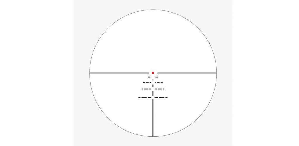 The reticle is simple with a center red dot and hold-over points for bullet drop and wind compensation.