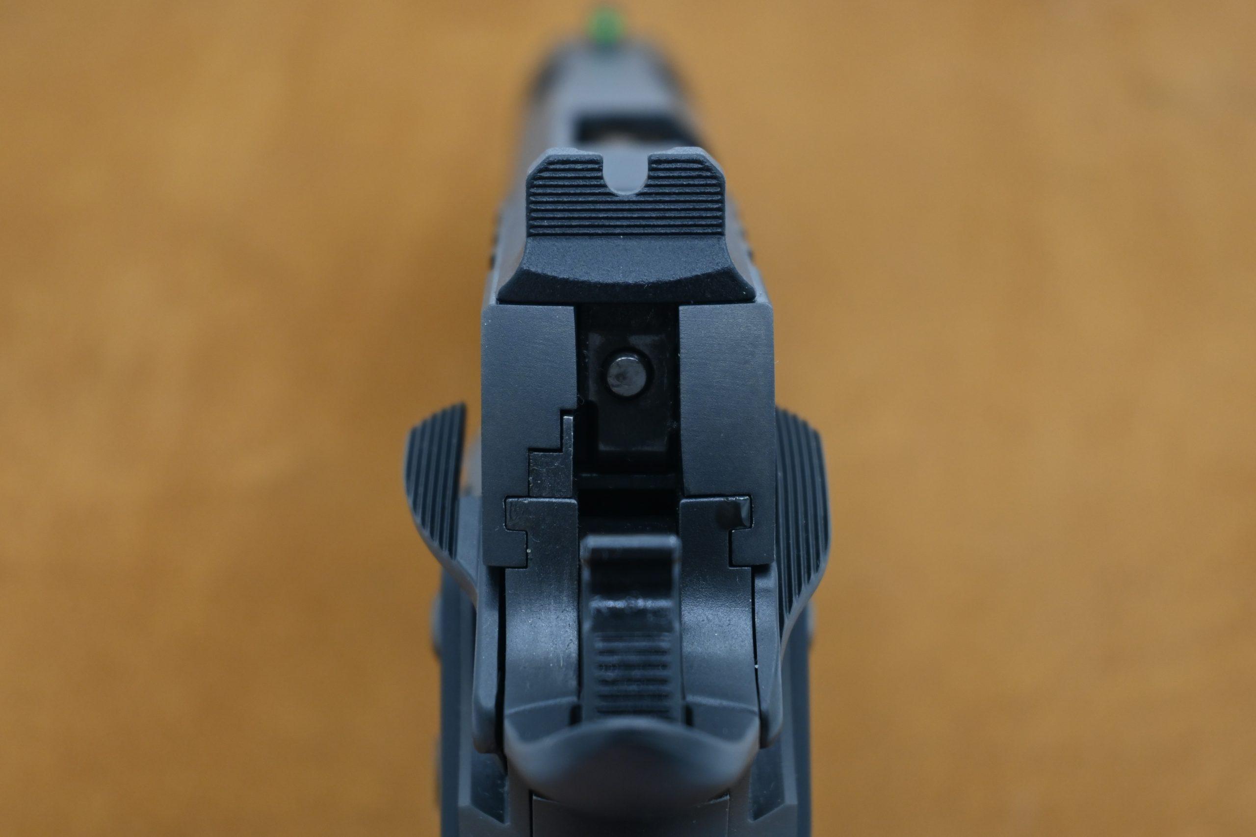 The rear sight's U-shaped notch provides appropriate light bars around the 0.145-inch front sight.