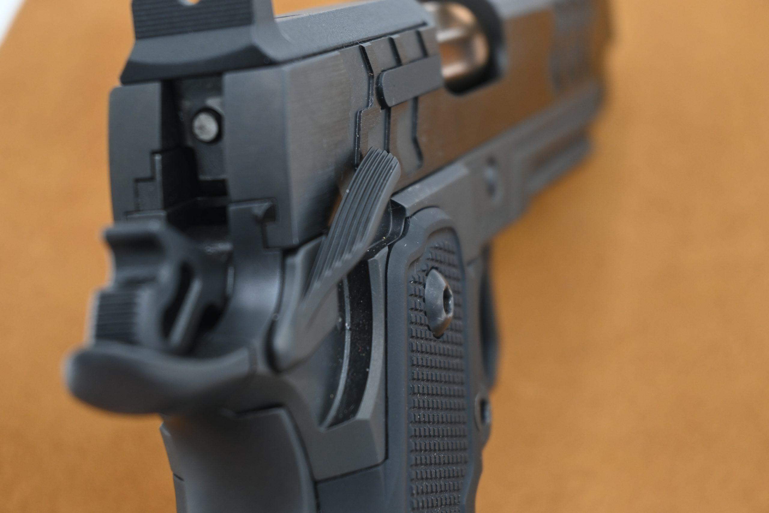 The ambidextrous thumb safety operates with appropriate resistance.