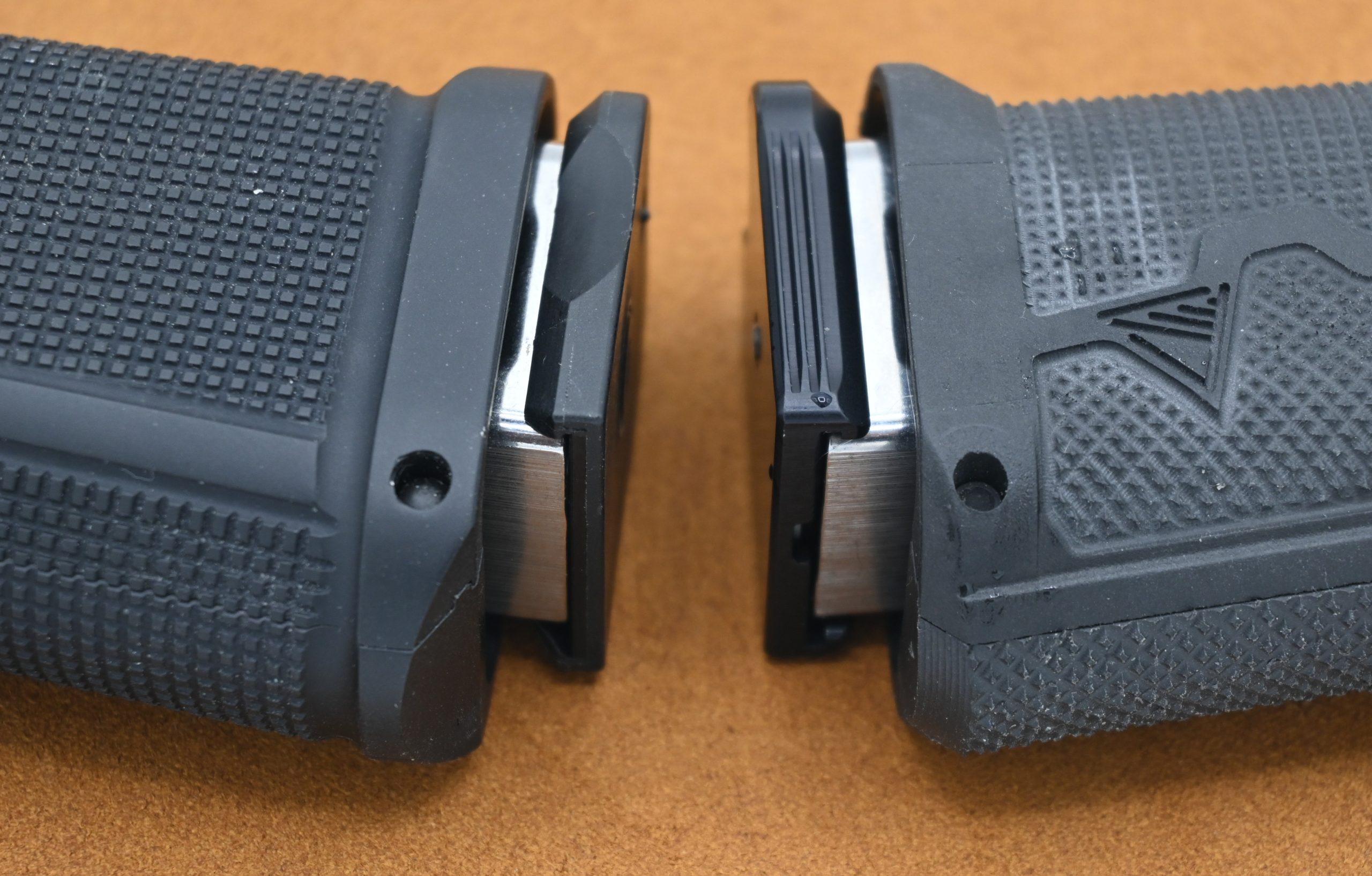 The aluminum grip module measures 1.4 inches at its widest point, significantly broader than traditional 1911s