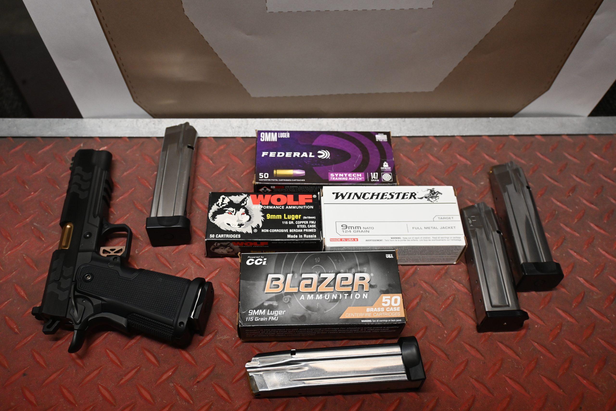 Our 9mm testing included Federal Syntech 147gr, Winchester NATO 124gr, Speer Gold Dot 124gr +P, Federal HST 147gr, budget Blazer Brass 115gr, and even bottom-feeder 115gr Wolf steel case.