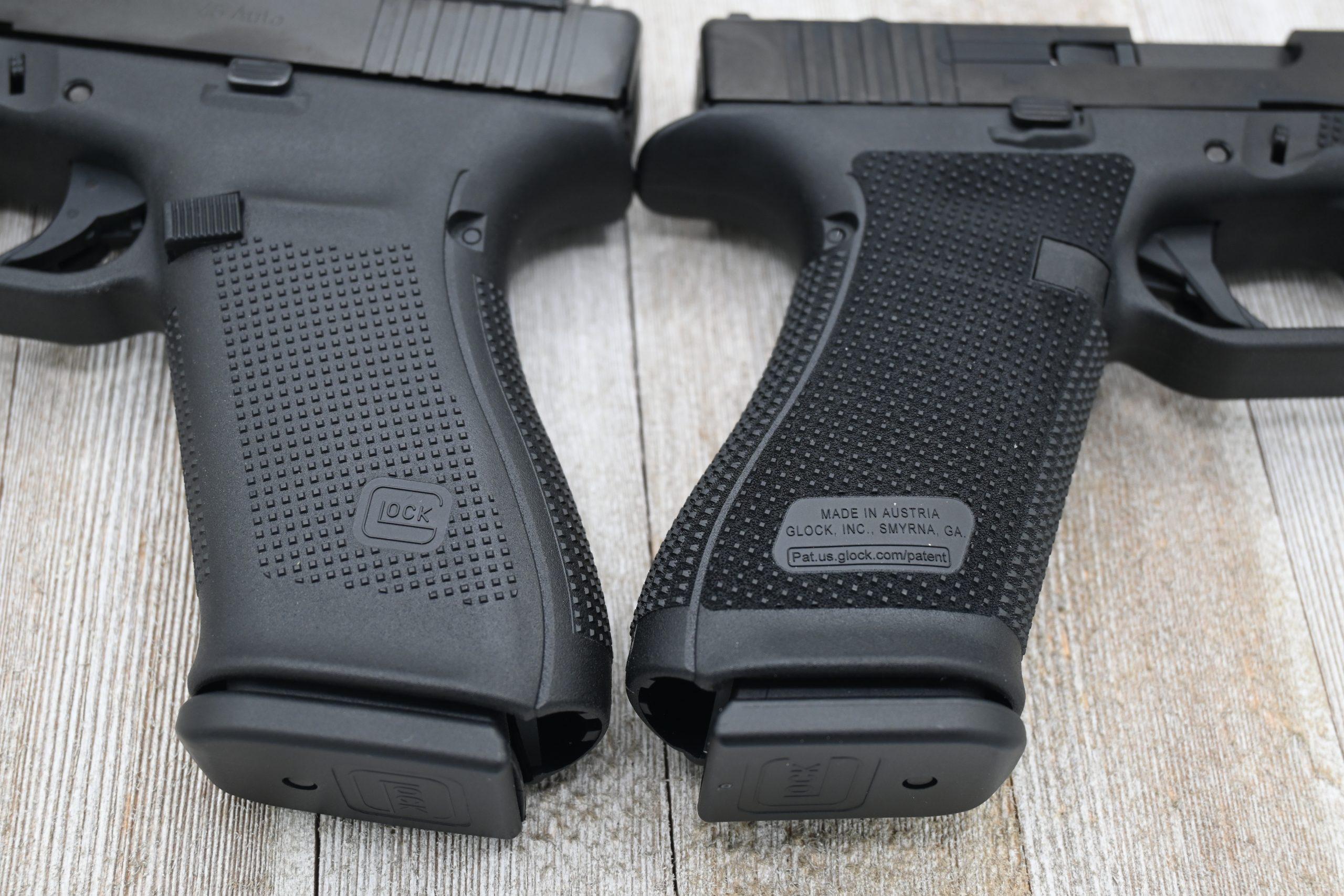 Close-up comparison of Glock Gen 6 RTF-6 grip texture (right) next to a Gen 5 grip (left), showing texture pattern and coverage area differences
