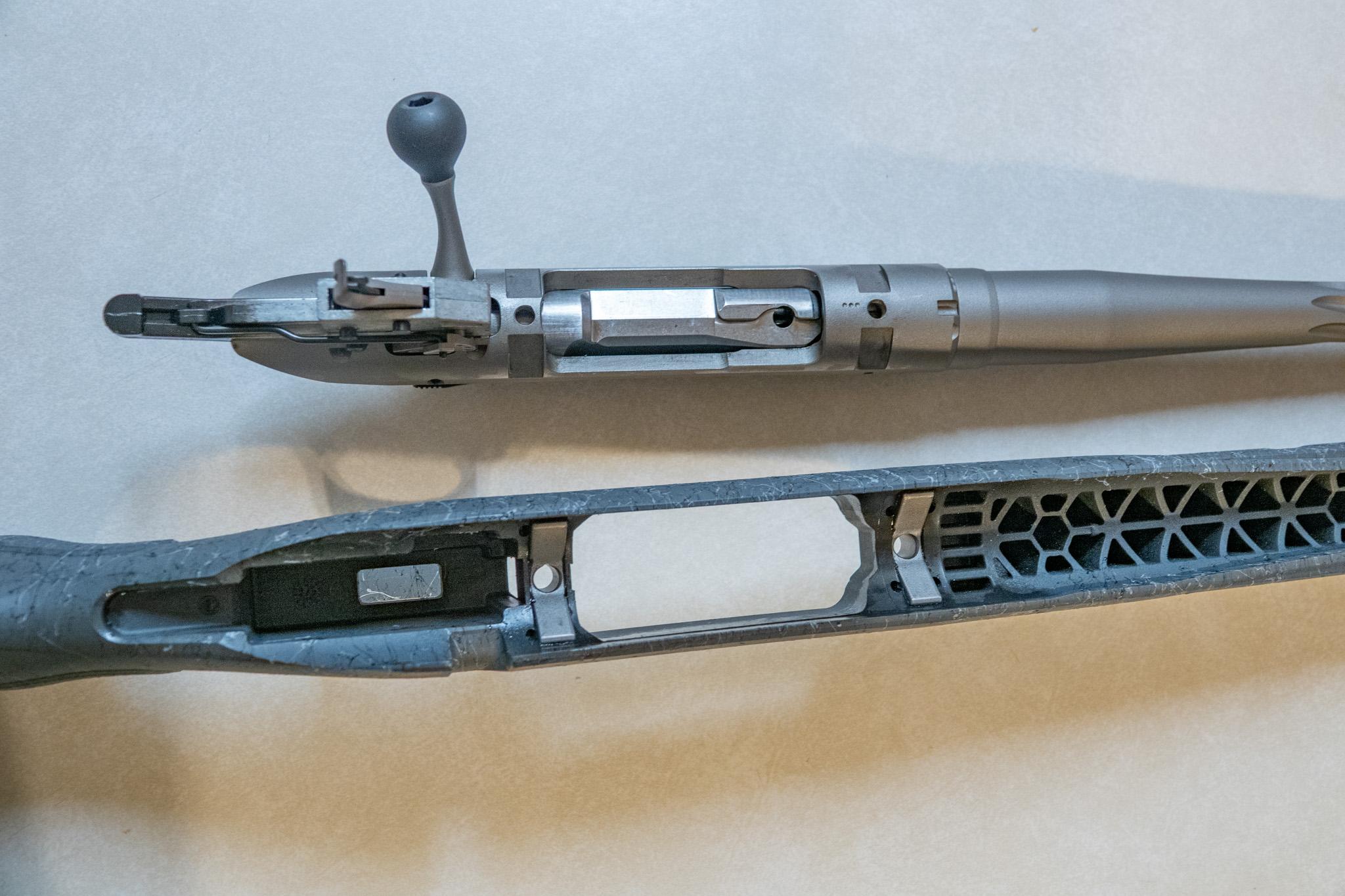 Aluminum Power Bedding V-blocks exposed with action removed from Ruger American