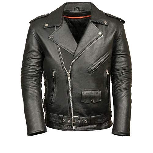 Men’s Leather Motorcycle Jacket | Premium Natural Buffalo Leather | 2 Concealed Carry Gun Pockets | Adjustable Side Lace Biker Jacket with Patch Access Lining (Black, XL)
